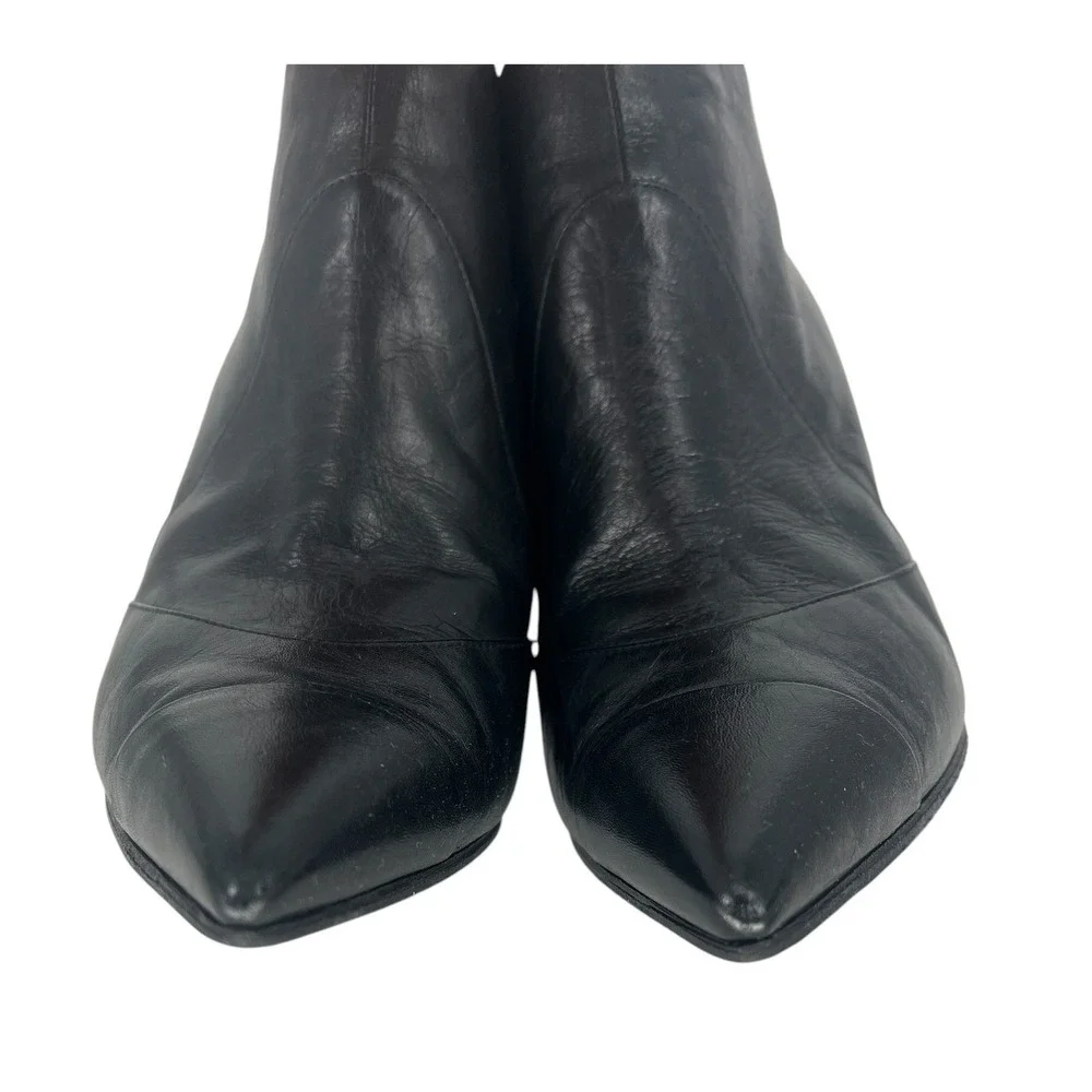 Chanel Pearl‎ CC Cone Heel Ankle Boots Black Leather Pointed Toe Size 39.5